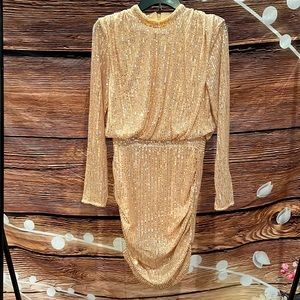STRETCHY NUDE SEQUINS DRESS WITH SHEER ARMS